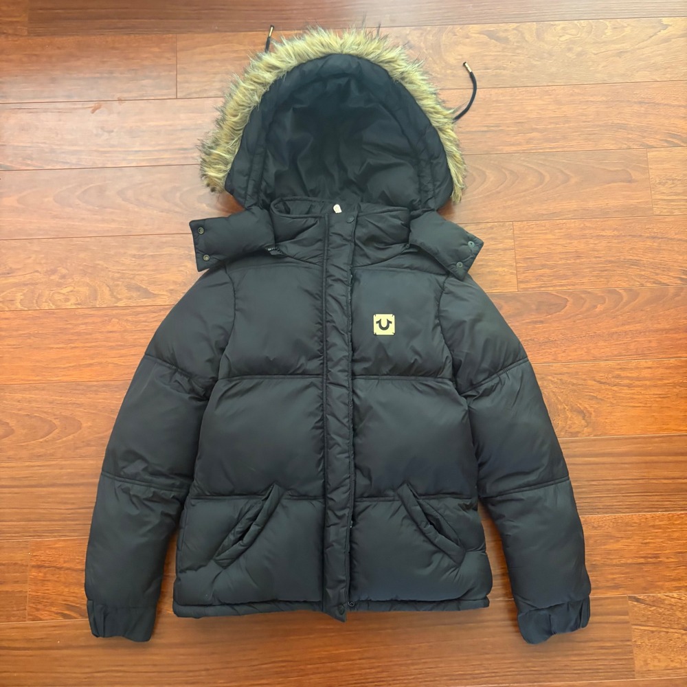 True Religion Womens Large Black Puffer Parka Jacket Faux Fur Hood Gold Logo Y2K